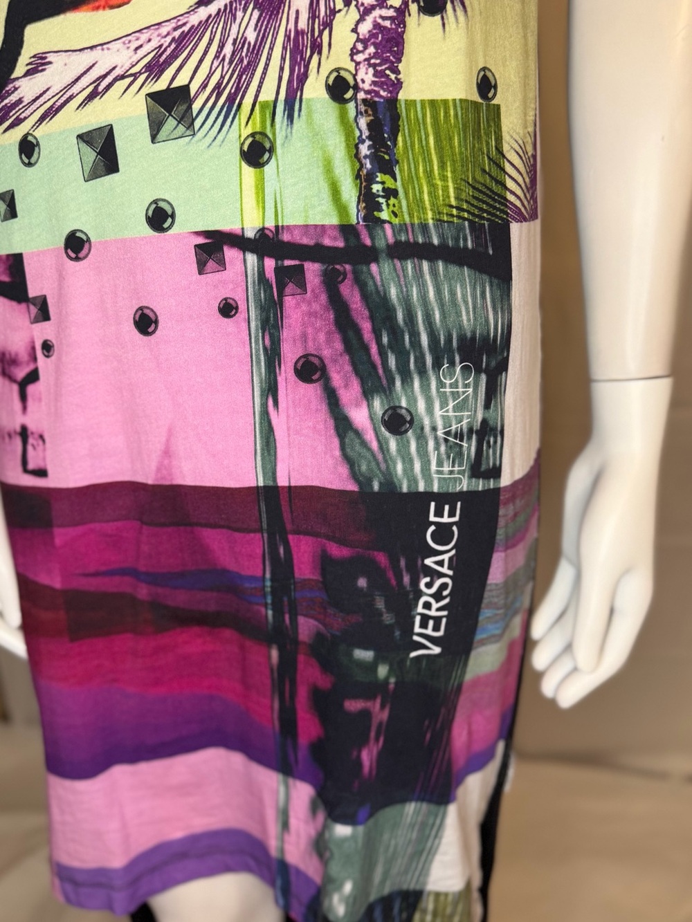 Versace Printed Sleeveless Midi Dress in Purple & Mint - Picture 4 of 6